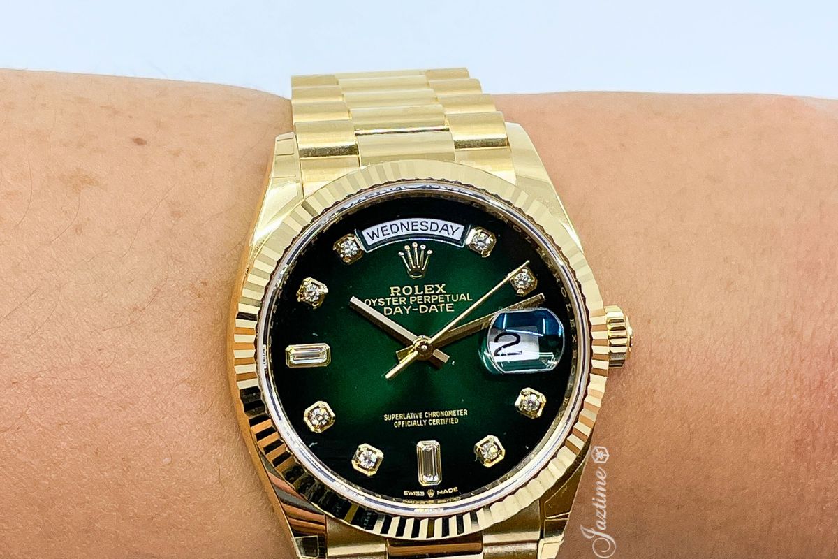 Up Close with the The Rolex Day Date 36 President Yellow Gold Green Ombre Diamond Dial 128238 Jaztime Blog