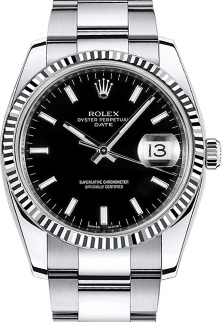 Rolex Oyster Perpetual Date 34 115234-BLKSFO Black Index Fluted White Gold  Bezel Stainless Steel Oyster - BRAND NEW