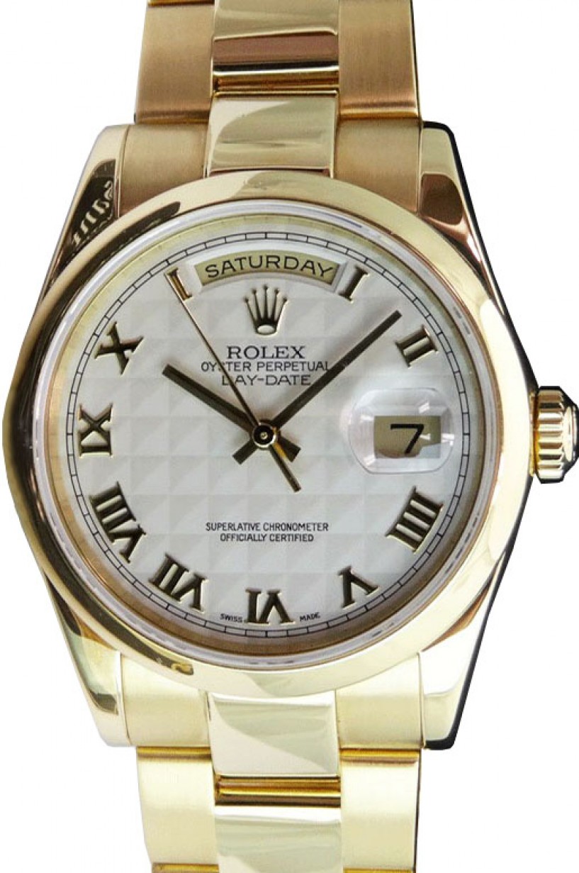 Rolex Day-Date 36 118208-IVPRDO Ivory Roman Pyramid Yellow Gold Oyster -  BRAND NEW