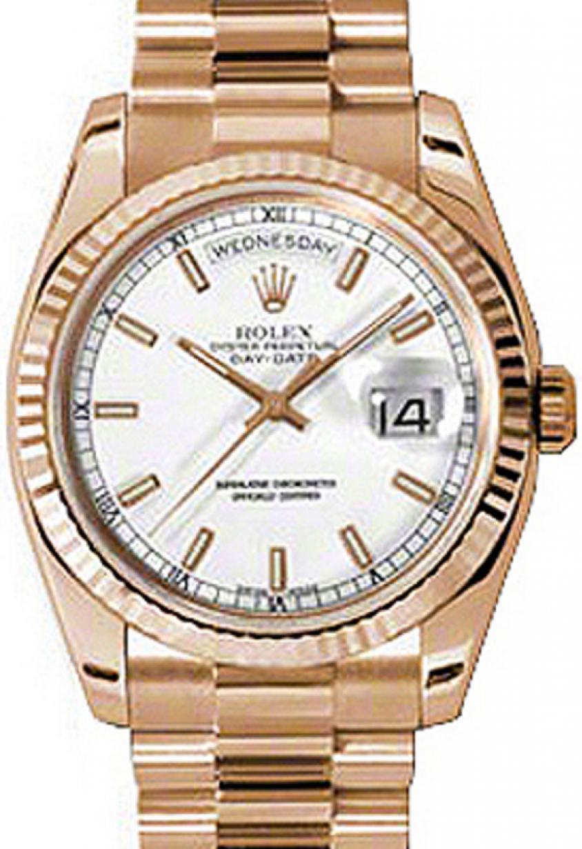 Rolex Day-Date 36 118235-WHTSFP White Index Fluted Rose Gold President -  BRAND NEW