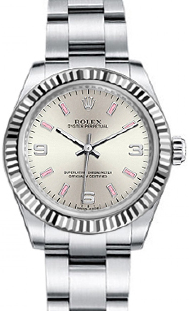 Rolex Oyster Perpetual 31 Ladies Midsize 177234-SLVPSAO 31mm Silver Pink  Arabic Fluted White Gold Stainless Steel BRAND NEW