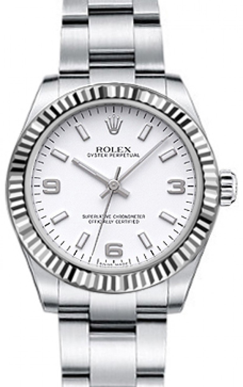 Rolex Oyster Perpetual 31 Ladies Midsize 177234-WHTSAO 31mm White Arabic  Fluted White Gold Stainless Steel BRAND NEW