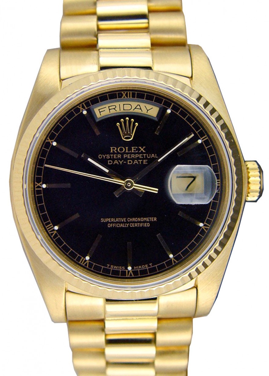 Rolex Day-Date President 18038 Men's 36mm Black Index Fluted 18k Yellow  Gold President
