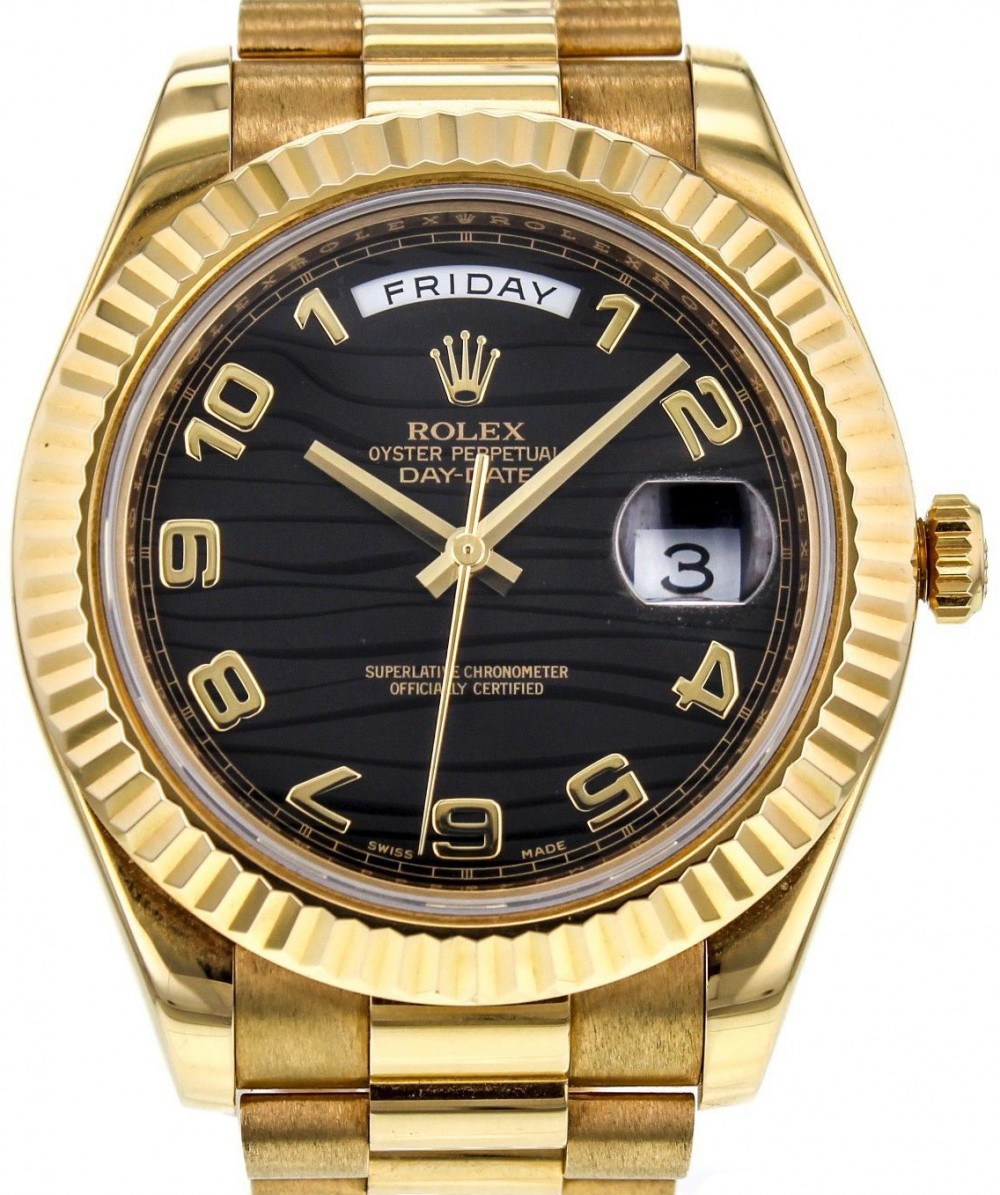 Rolex Day-Date II Yellow Gold 41mm Black Arabic Wave Dial Fluted President  Bracelet 218238