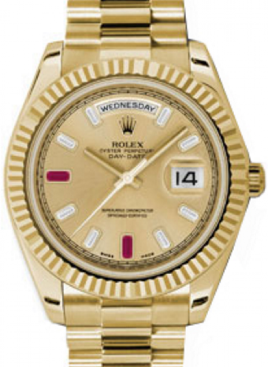 Rolex Day-Date II 218238-CHPBRDP 41mm Champagne Baquette Diamonds Ruby  Fluted Yellow Gold President - BRAND NEW