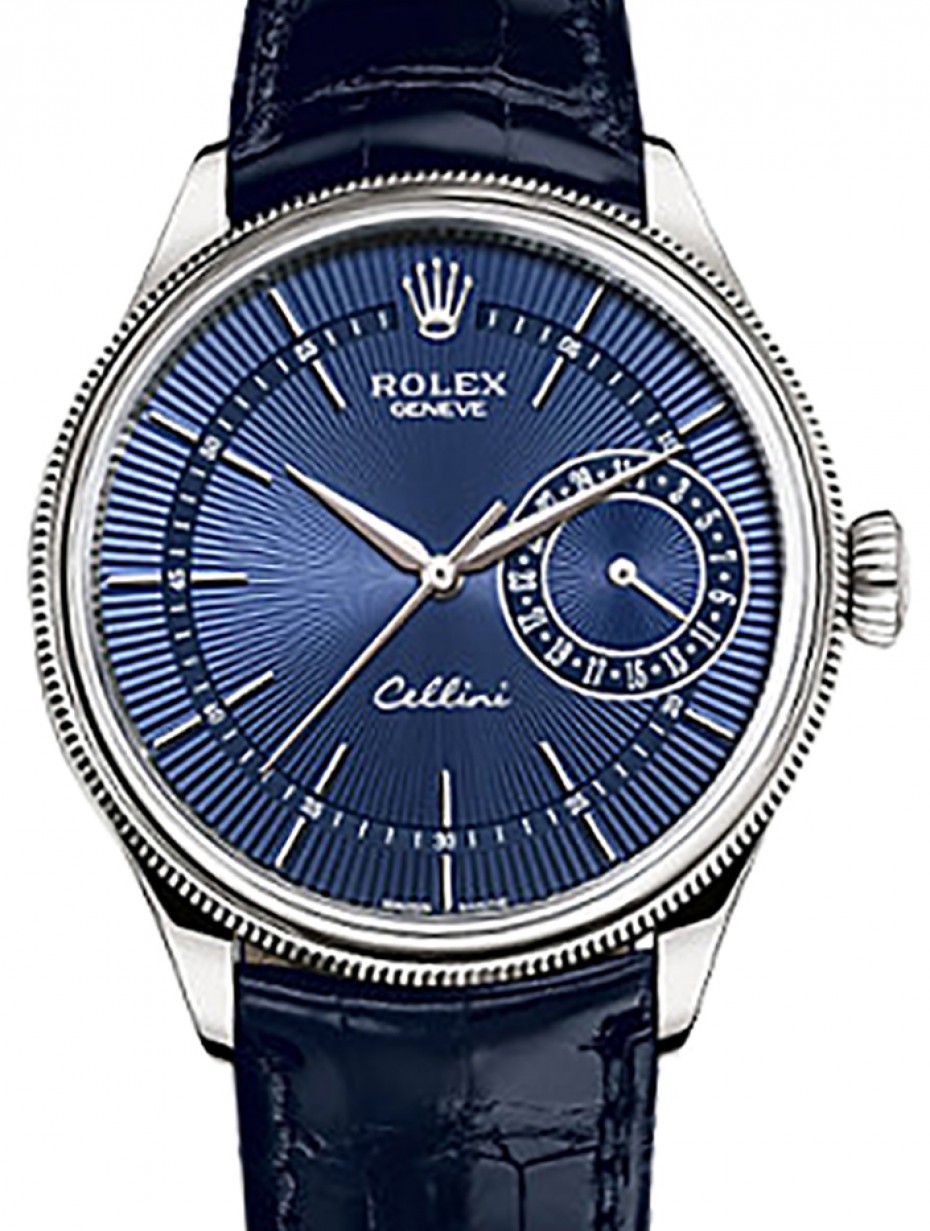 Rolex Cellini Time 50519 39mm Blue Guilloche Index White Gold Leather BRAND  NEW
