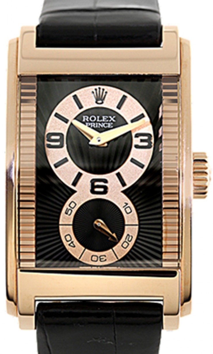Rolex Cellini Prince 54425 "Rayon De La Gloire" Guilloche Dial / Index Rose Gold Black Leather Manual BRAND