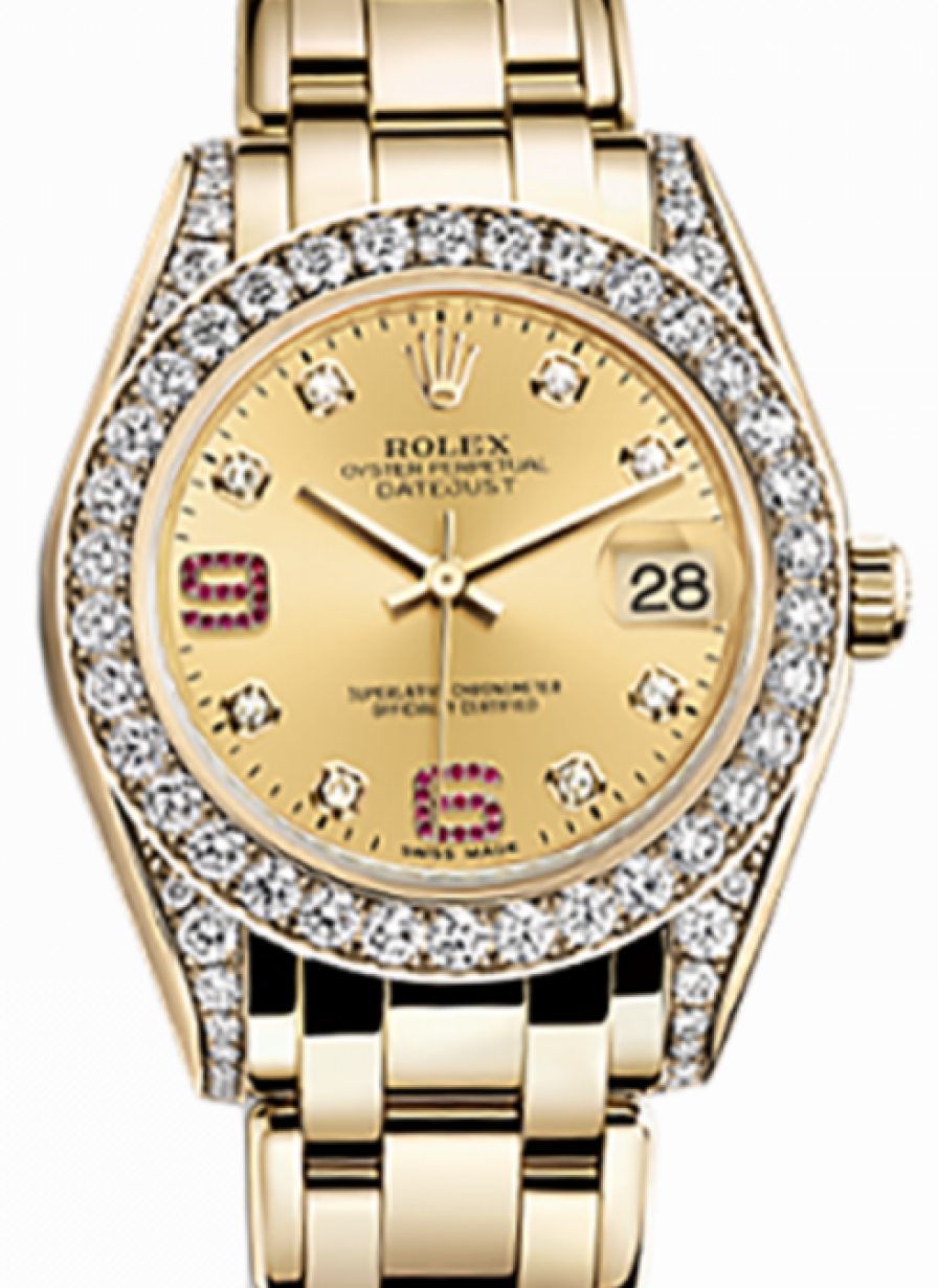 Rolex Pearlmaster 34 81158 Champagne Diamond Set Arabic 6 & 9 set with  Rubies Yellow Gold BRAND NEW