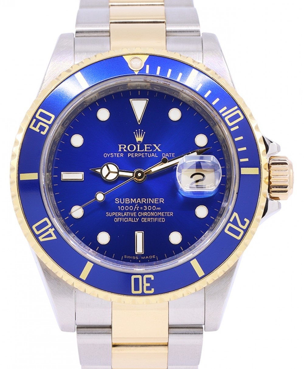 Rolex Submariner 16613 Men's 40mm Blue Index 18k Yellow Gold Stainless  Steel Oyster Gold-Through