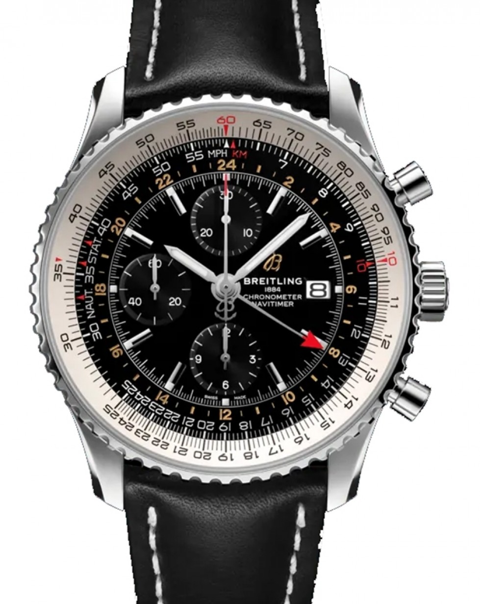 Breitling Navitimer Chronograph GMT 46 Stainless Steel 46mm Black Dial  Leather Strap A24322121B2X1 - BRAND NEW