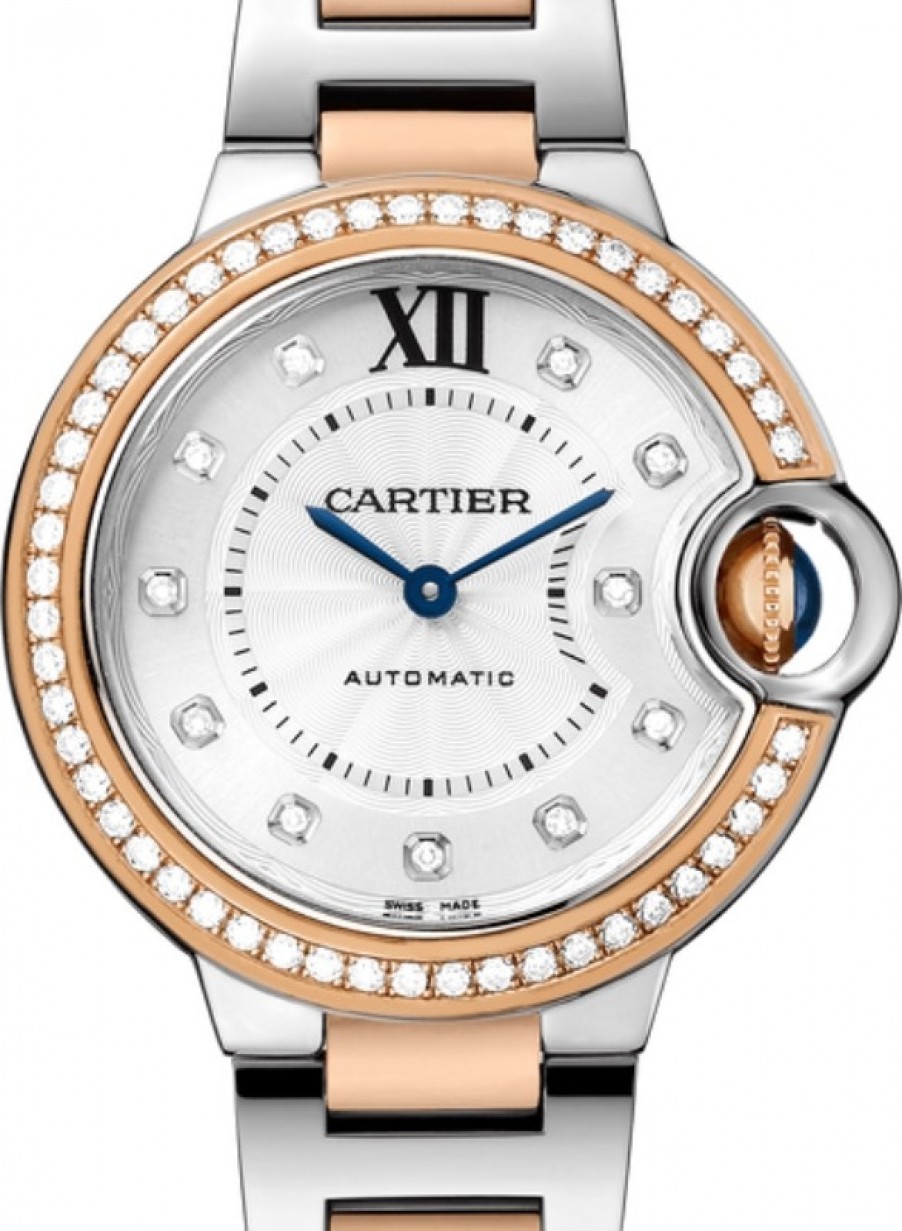 Cartier Ballon Bleu De Cartier Ladies Watch Automatic Stainless Steel Rose  Gold Diamond Bezel 33mm Silver Diamond Dial WE902077 - BRAND NEW