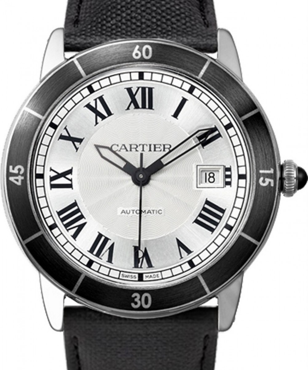Cartier Ronde Croisière De Cartier Watch WSRN0002 Silver Roman Black  Synthetic Bezel Stainless Steel Leather - BRAND NEW