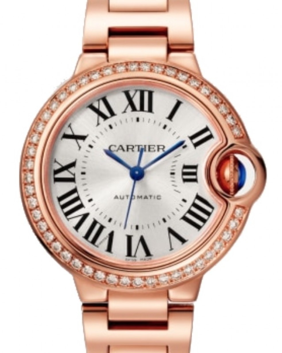 Cartier Ballon Bleu De Cartier Ladies Watch Automatic Rose Gold Diamond  Bezel 33mm Silver Dial Rose Gold Bracelet WJBB0036 - BRAND NEW