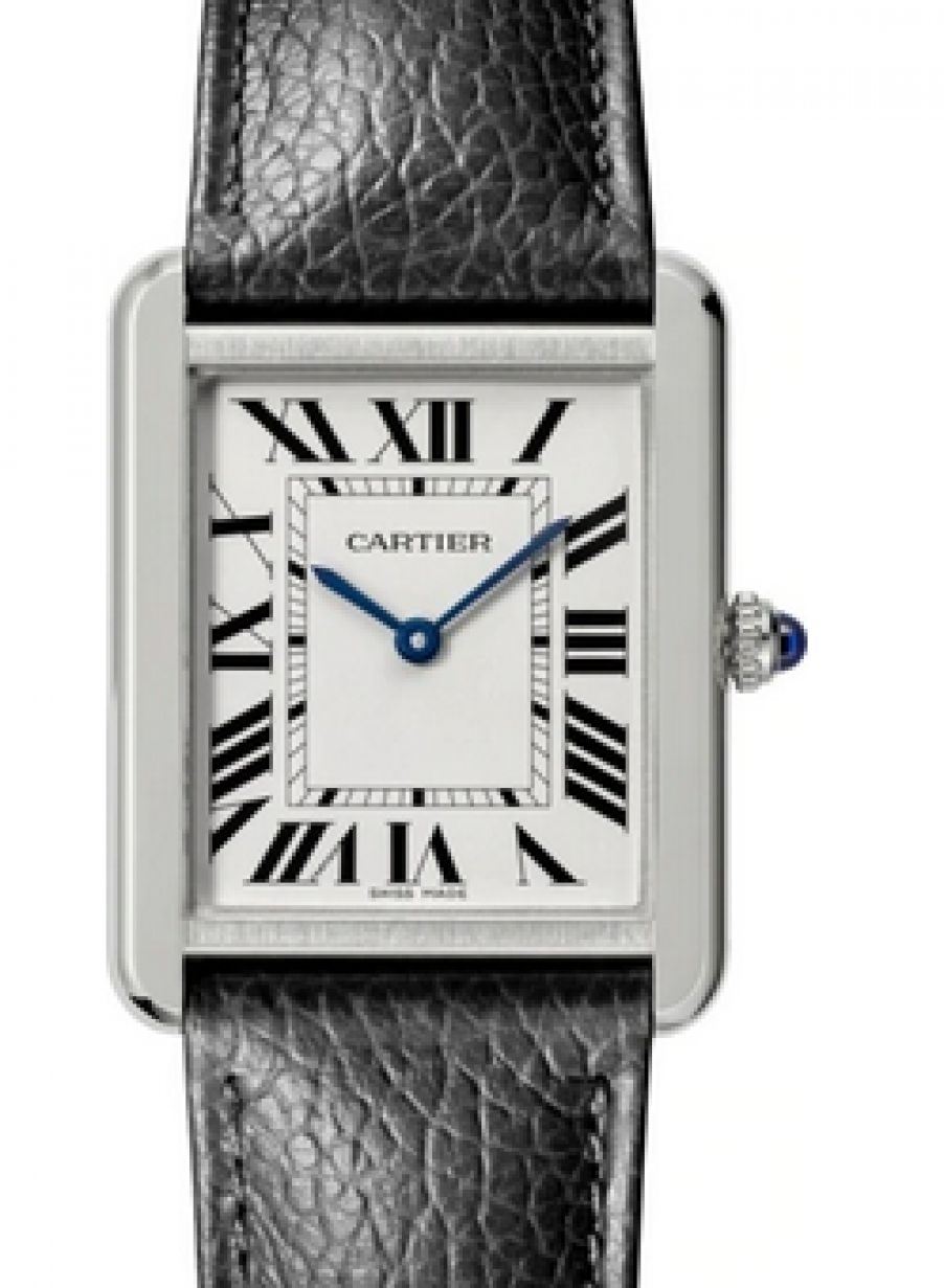 Cartier Tank Solo Silver Dial Stainless Steel Bezel Black Leather Strap  34.8 mm x 27.4 mm WSTA0028 - BRAND NEW