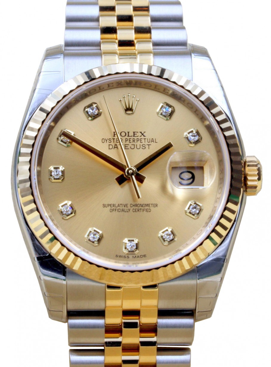 Rolex Datejust 36 Yellow Gold & Stainless Steel Champagne Diamond 36mm Dial  Jubilee Bracelet 116233 - PRE-OWNED