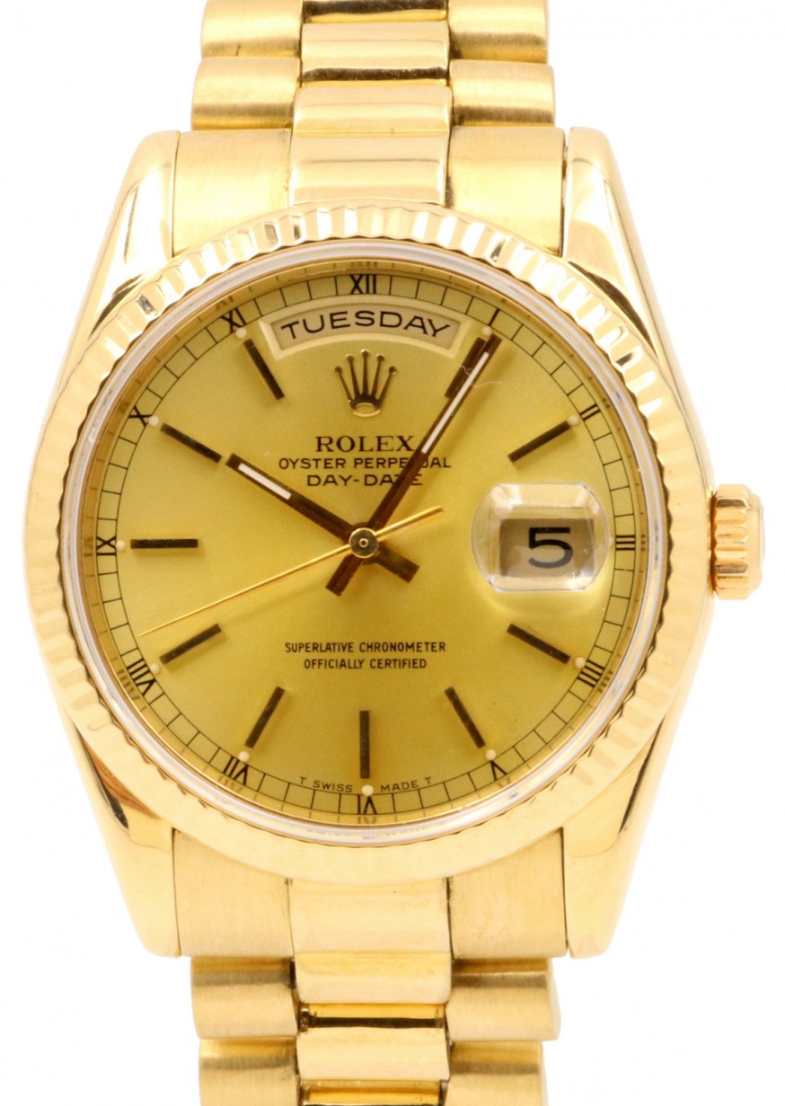 Rolex Day-Date 36 118238-GLDSFP Champagne Index Fluted Yellow Gold President  PRE-OWNED