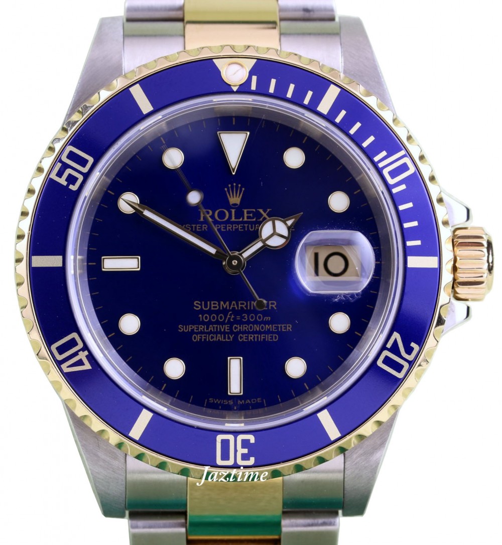 Rolex Submariner 16613 Blue 18k Yellow Gold Stainless Steel No Holes