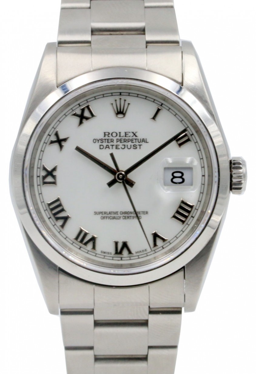 Rolex Datejust 16200 Men's 36mm White Roman Stainless Steel Oyster