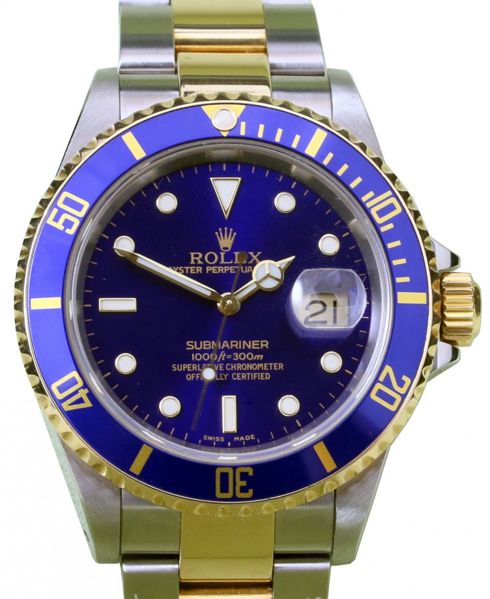 Rolex Submariner 16613 Blue 18k Yellow Gold Stainless Steel Holes  Gold-Through Clasp BOX PAPERS
