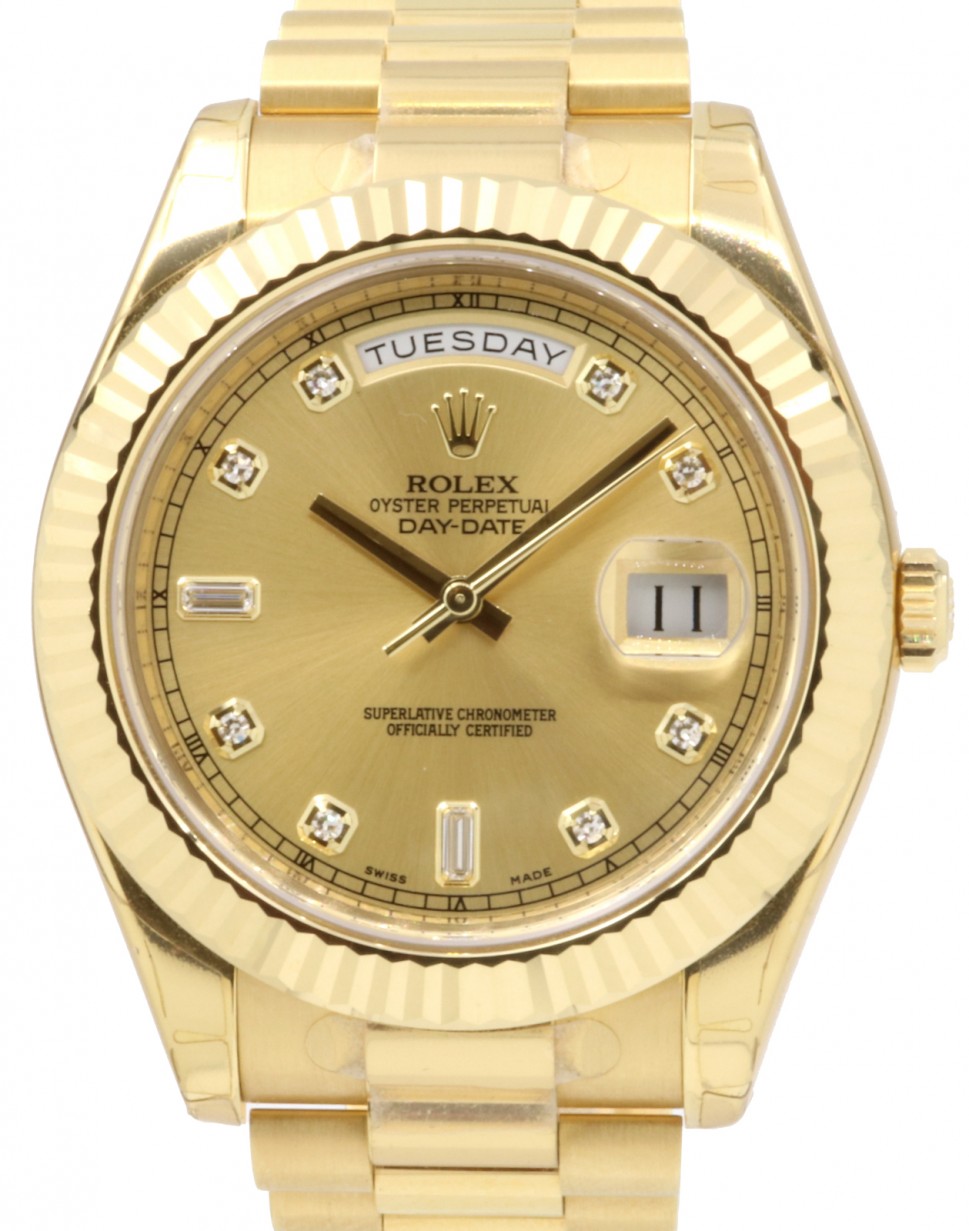 Rolex Day-Date II 218238-GLDDFP 41mm Champagne Baquette Diamonds Fluted Yellow  Gold President BRAND NEW