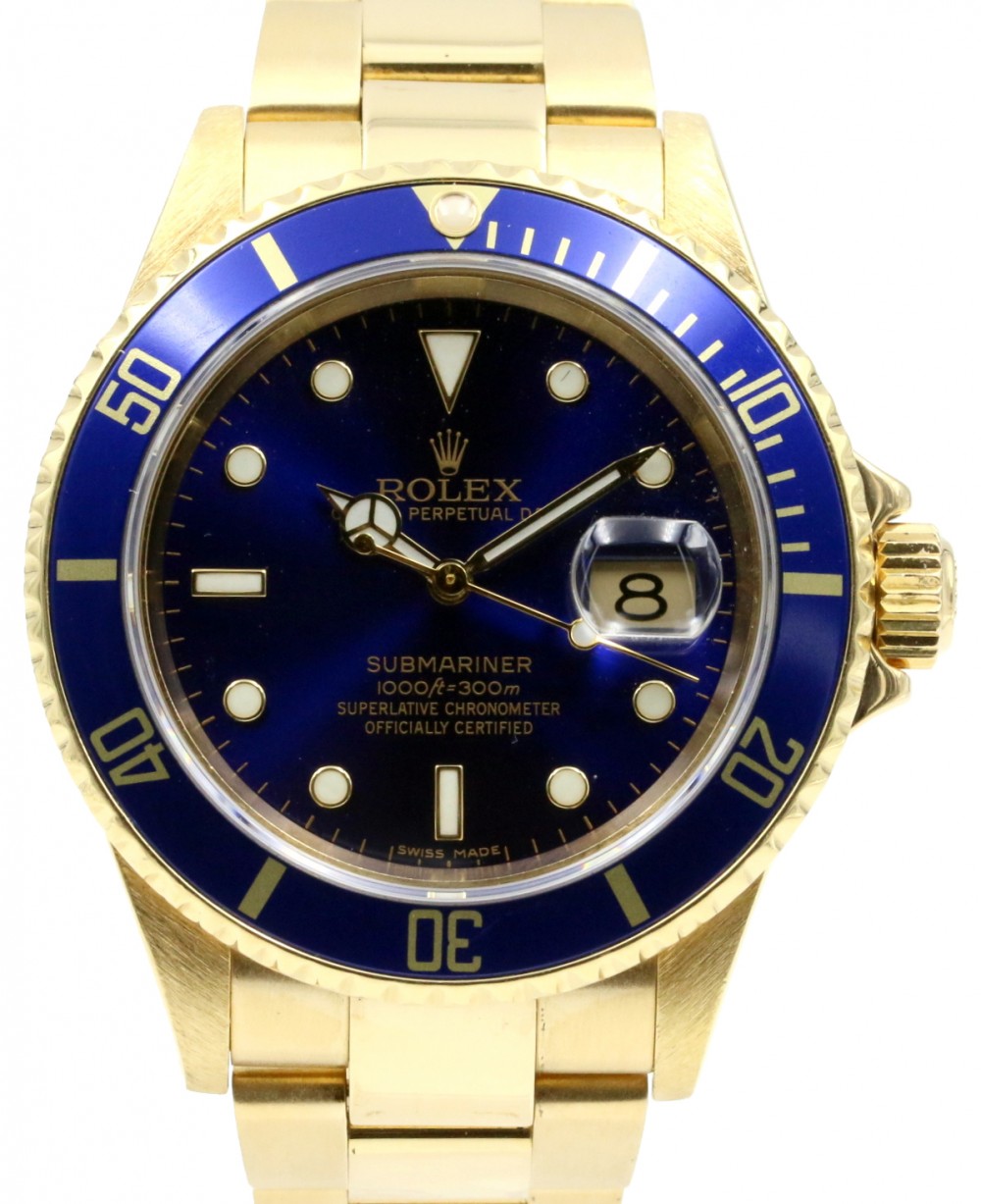 Rolex Submariner 16618 Men's Blue Solid Yellow Gold 40mm Diver Oyster Date