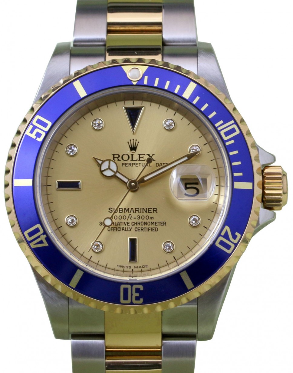 Rolex Submariner 16613 Serti Champagne Blue Men's 40mm Stainless Steel 18k  Yellow Gold Date BOX/PAPERS