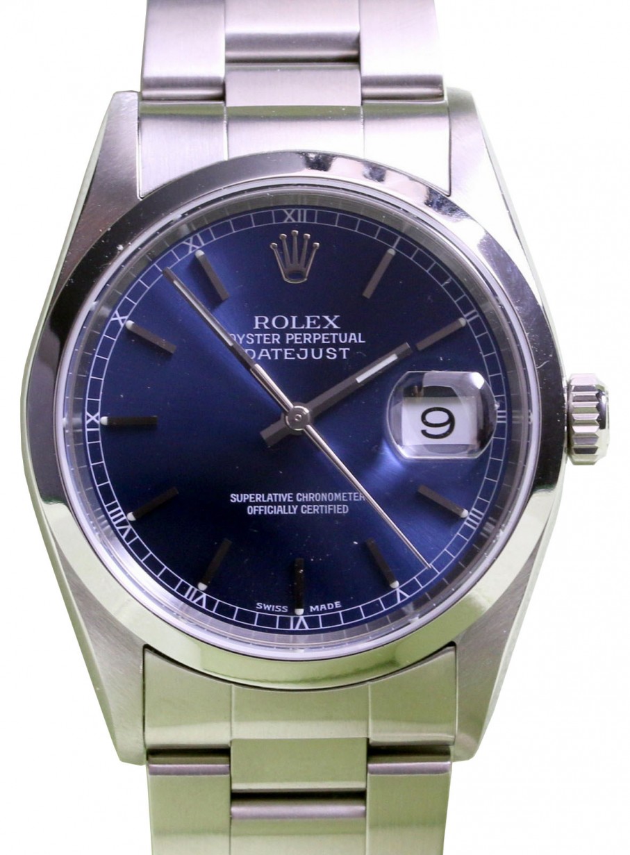 Rolex Datejust 16200 Men's 36mm Blue Index Stainless Steel Domed PRE-OWNED