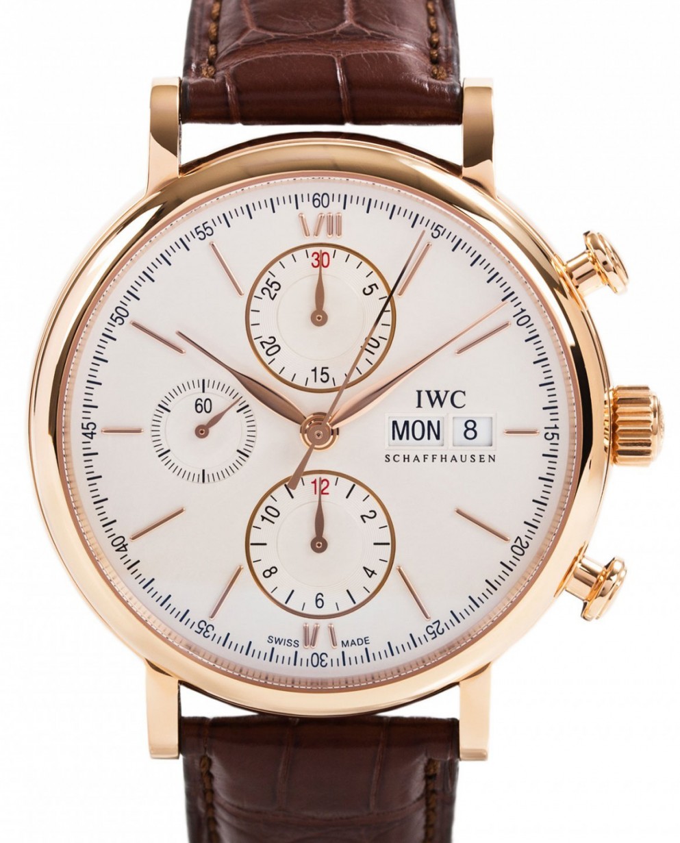 IWC Schaffhausen IW391020 Portofino Chronograph Silver Plated Index Rose  Gold Brown Leather 42mm Automatic