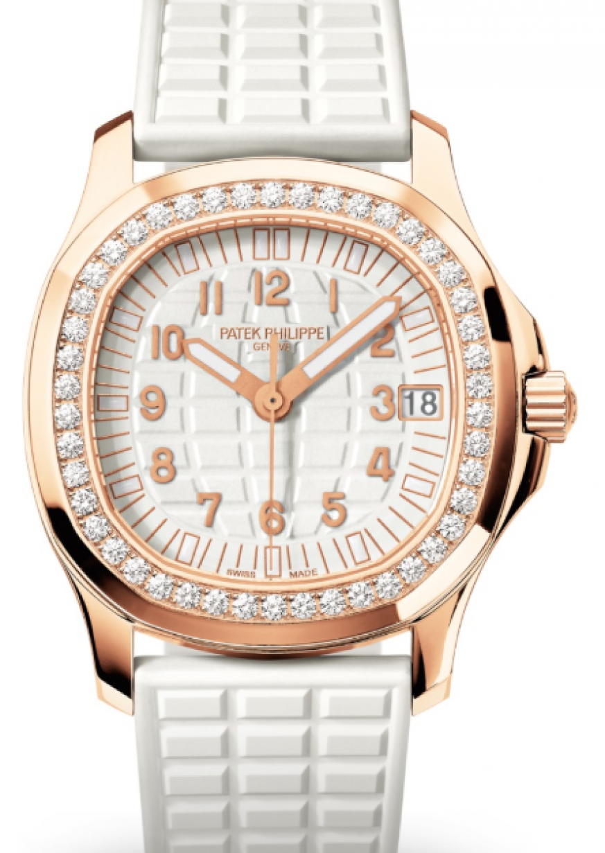 Patek Philippe Aquanaut Ladies Embossed Rose Gold White Dial 35.6mm Diamond  Bezel 5068R-010