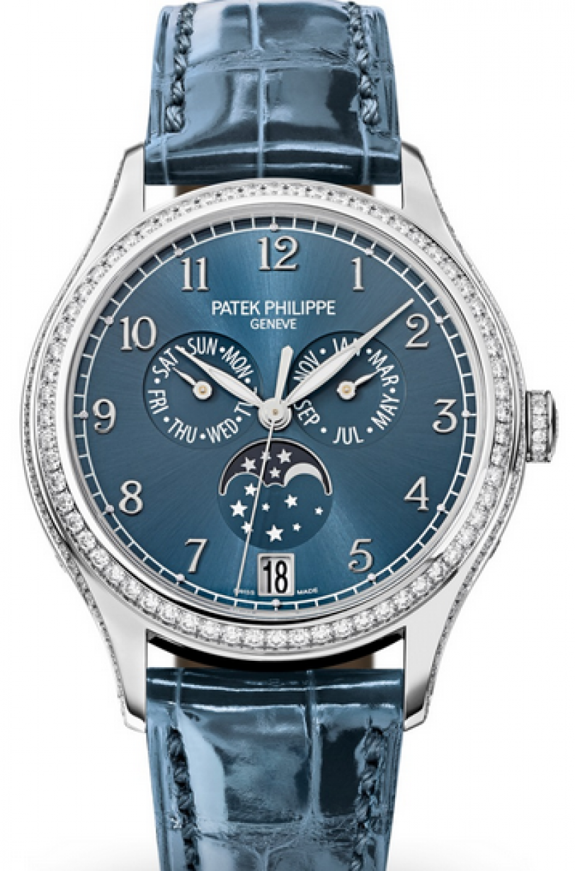 Patek Philippe 4947G-001 Complications Ladies Annual Calendar Moon Phase  38mm Blue Arabic Diamond Bezel White Gold Leather Date Automatic BRAND NEW
