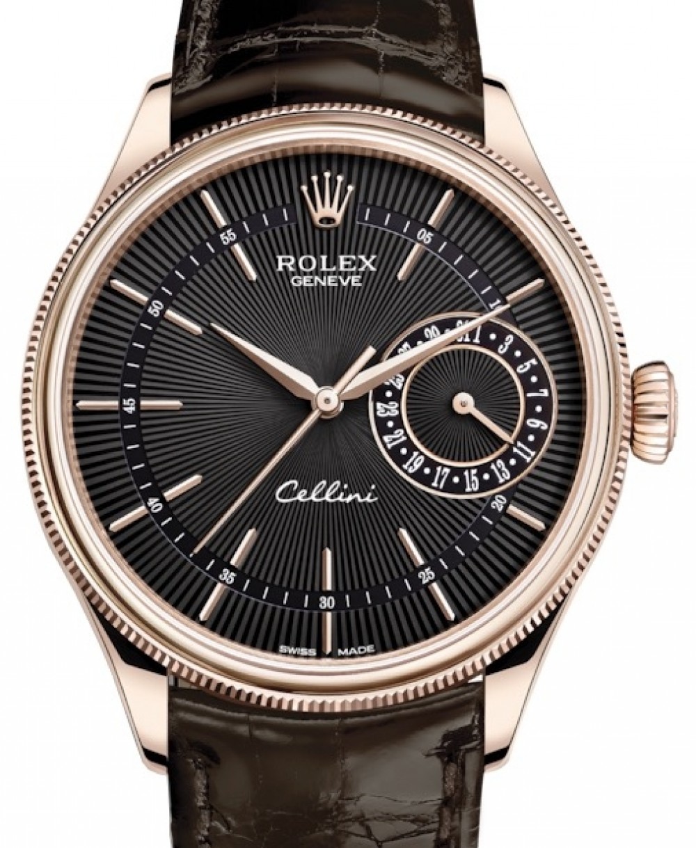 Rolex Cellini Date Rose Gold Black Guilloche Index Dial Domed & Fluted  Double Bezel Tobacco Leather Bracelet 50515 - BRAND NEW
