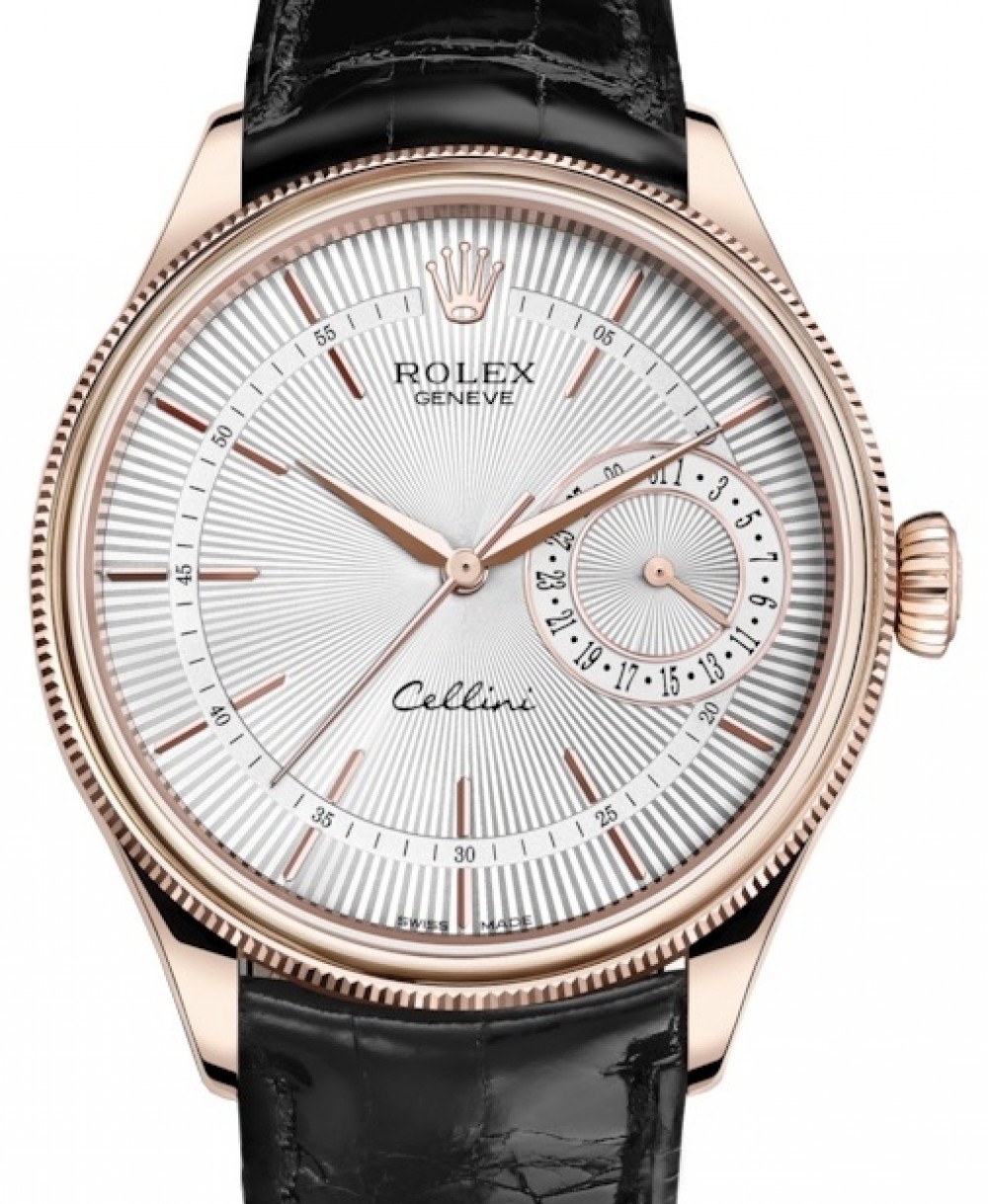 Rolex Cellini Date Rose Gold Silver Guilloche Index Dial Domed & Fluted  Double Bezel Black Leather Bracelet 50515 - BRAND NEW