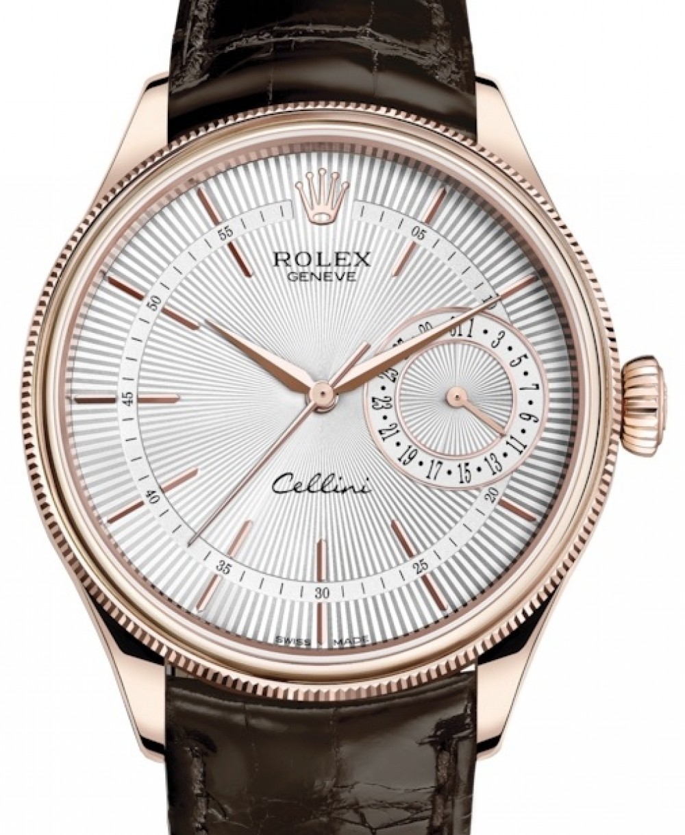Rolex Cellini Date Rose Gold Silver Guilloche Index Dial Domed & Fluted  Double Bezel Tobacco Leather Bracelet 50515 - BRAND NEW