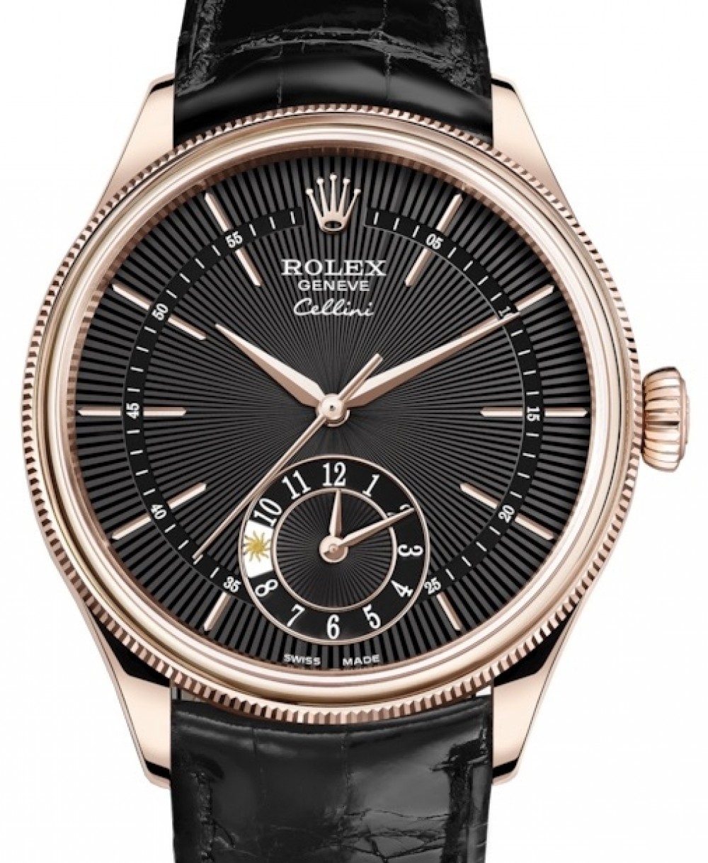 Rolex Cellini Dual Time Rose Gold Black Guilloche Index Dial Domed & Fluted  Double Bezel Black Leather Bracelet 50525 - BRAND NEW