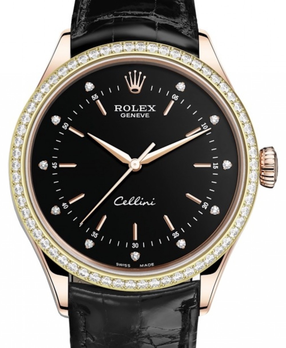 Rolex Cellini Time Rose Gold Black Diamond Dial Diamond Bezel Black Leather  Bracelet 50705RBR - BRAND NEW