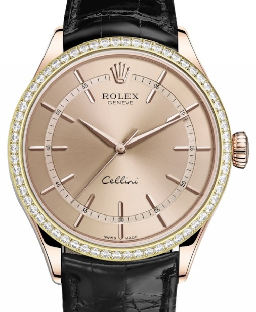 Rolex Cellini Time Rose Gold Pink Index Dial Diamond Bezel Black Leather  Bracelet 50705RBR - BRAND NEW
