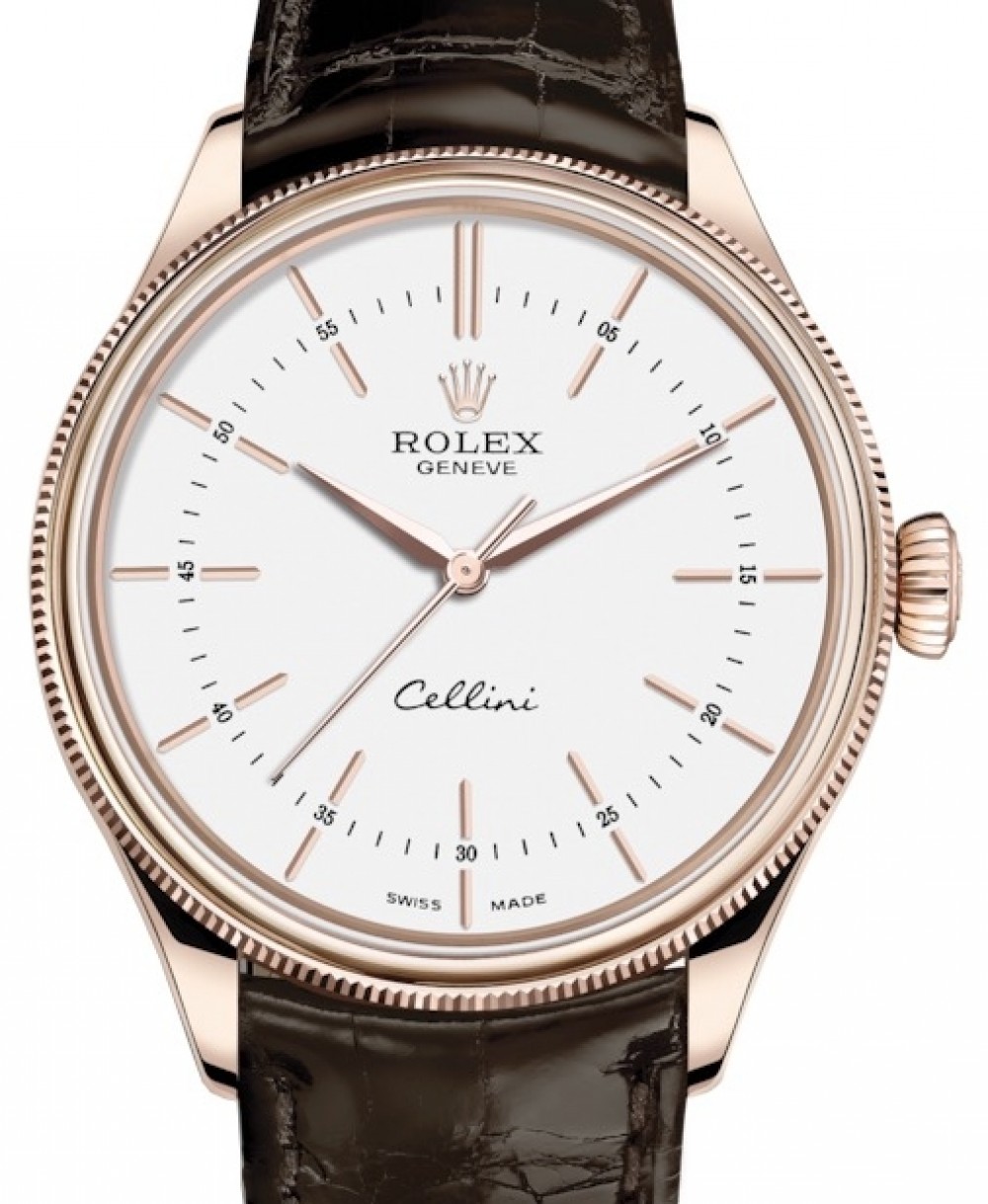 Rolex Cellini Time Rose Gold White Index Dial Domed & Fluted Double Bezel  Tobacco Leather Bracelet 50505 - BRAND NEW