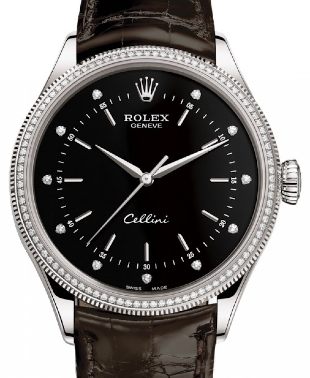 Rolex Cellini Time White Gold Black Set with Diamonds Dial Diamond & Fluted  Double Bezel Tobacco Leather Bracelet 50609RBR - BRAND NEW