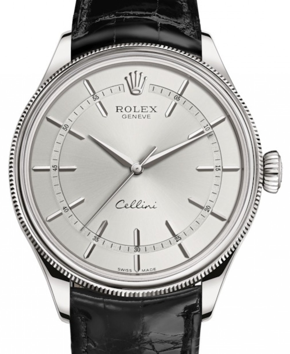 Rolex Cellini Time White Gold Rhodium Index Dial Domed & Fluted Double  Bezel Black Leather Bracelet 50509 - BRAND NEW