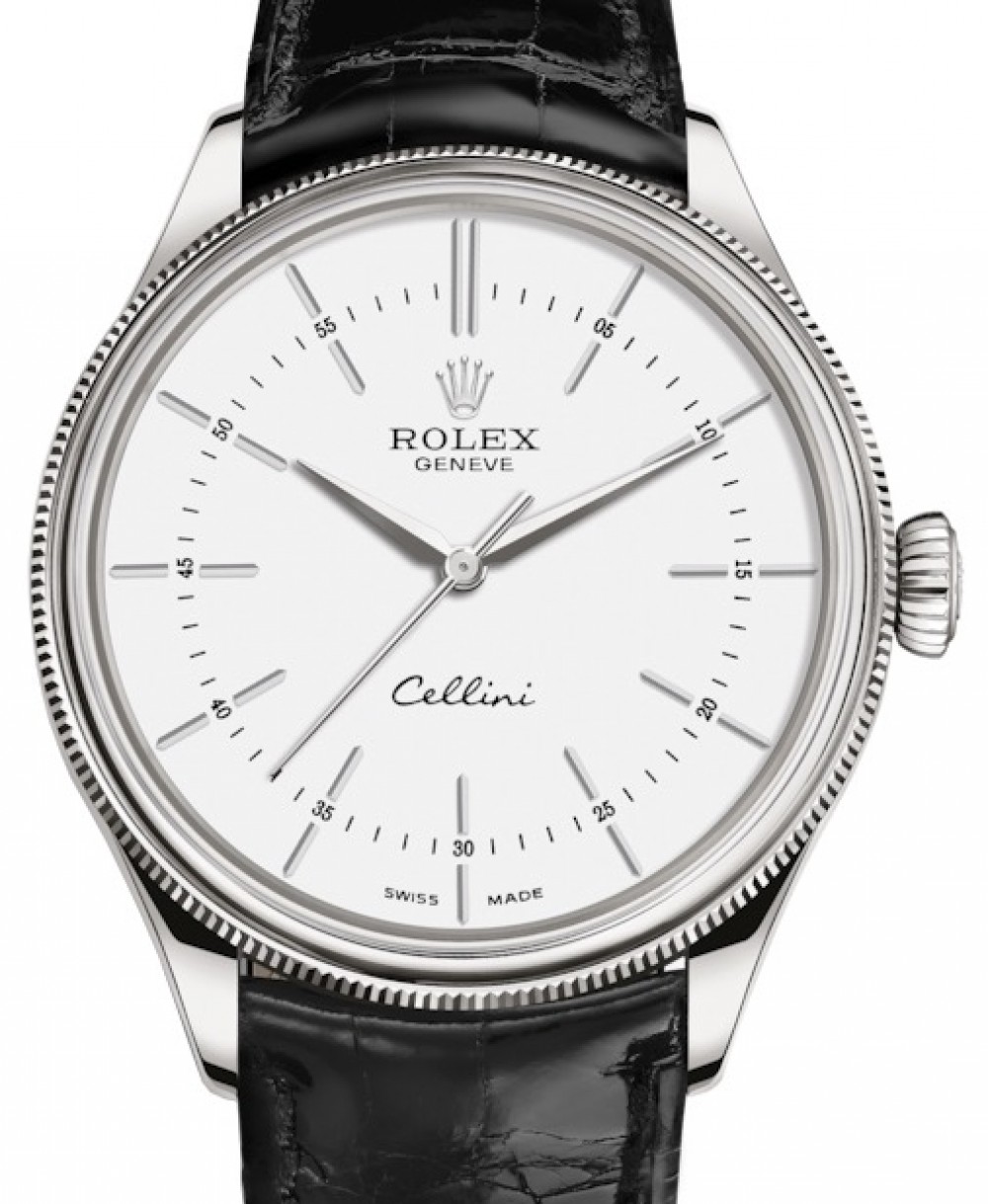 Rolex Cellini Time White Gold White Index Dial Domed & Fluted Double Bezel  Black Leather Bracelet 50509 - BRAND NEW