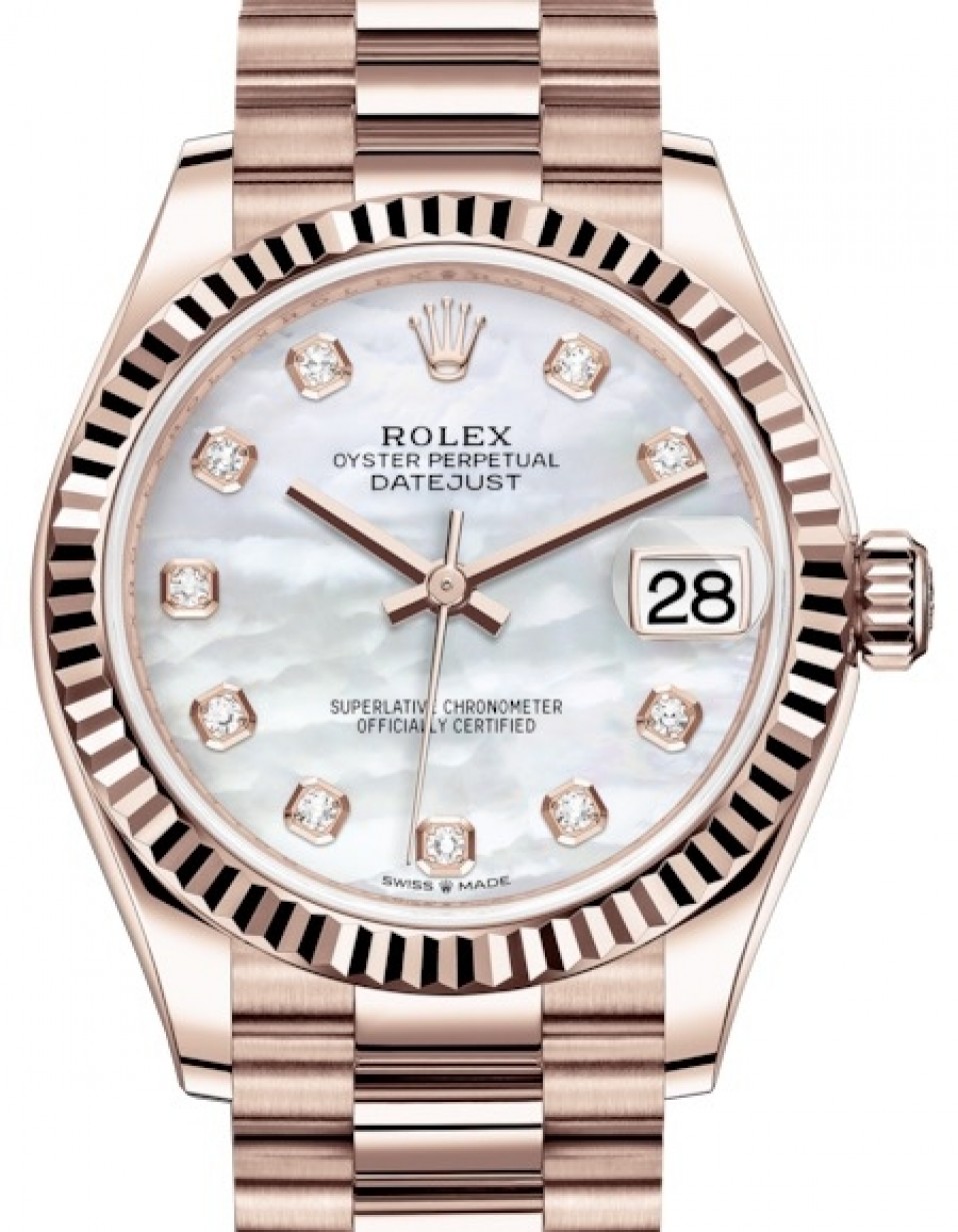 Rolex Datejust 31 Rose Gold White Mother of Pearl Diamond Dial & Fluted  Bezel President Bracelet 278275 - BRAND NEW