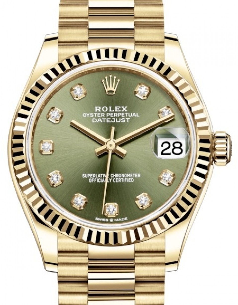 Rolex Lady-Datejust 31 Yellow Gold Olive Green Diamond Dial & Fluted Bezel  President Bracelet 278278 - BRAND NEW