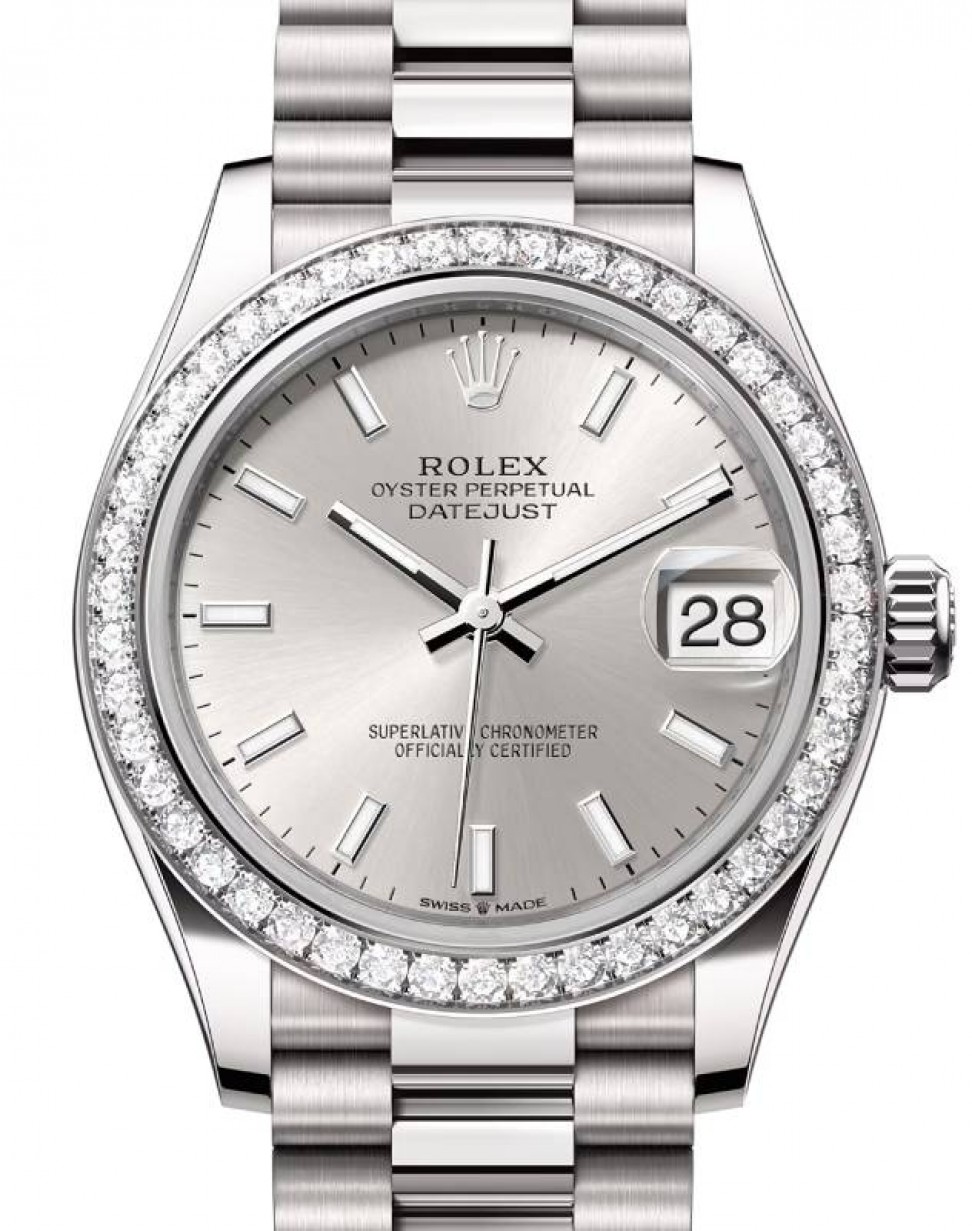 Rolex Datejust 31 White Gold Silver Index Dial & Diamond Bezel President  Bracelet 278289RBR - BRAND NEW