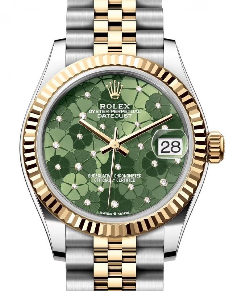 Rolex Datejust 31 Yellow Gold/Steel Olive Green Floral Motif Diamond Dial &  Fluted Bezel Jubilee Bracelet 278273 - BRAND NEW