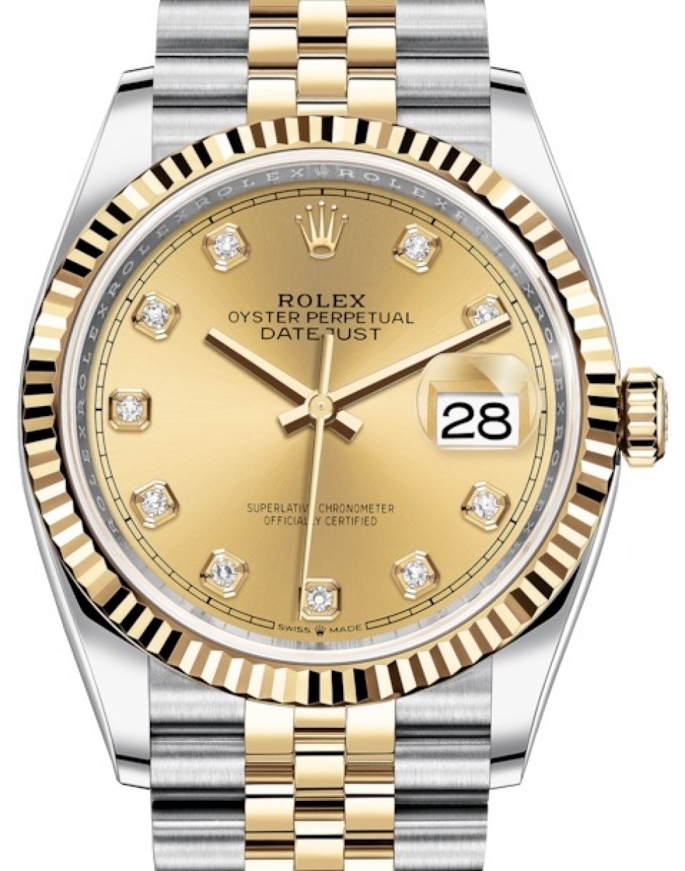 Rolex Datejust 36 Yellow Gold/Steel Champagne Diamond Dial & Fluted ...