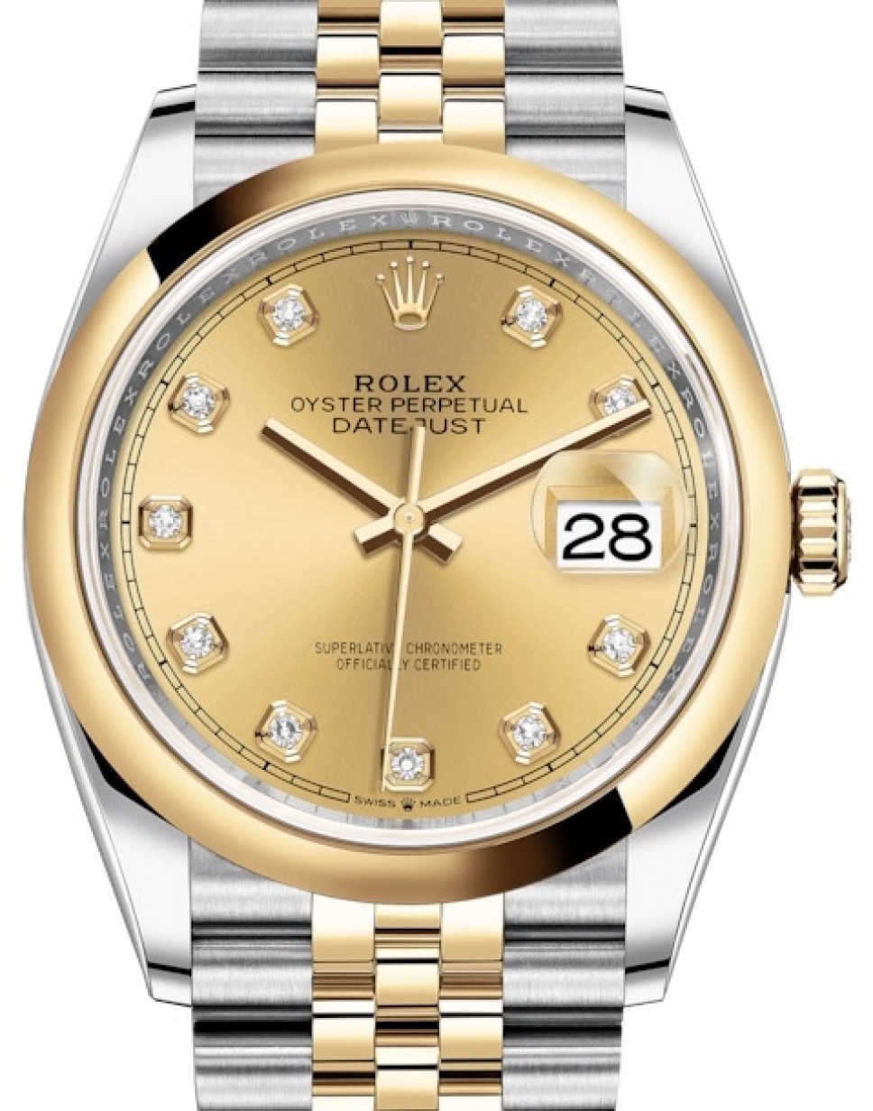 Rolex Datejust 36 Yellow Gold/Steel Champagne Diamond Dial & Smooth Domed  Bezel Jubilee Bracelet 126203 - BRAND NEW