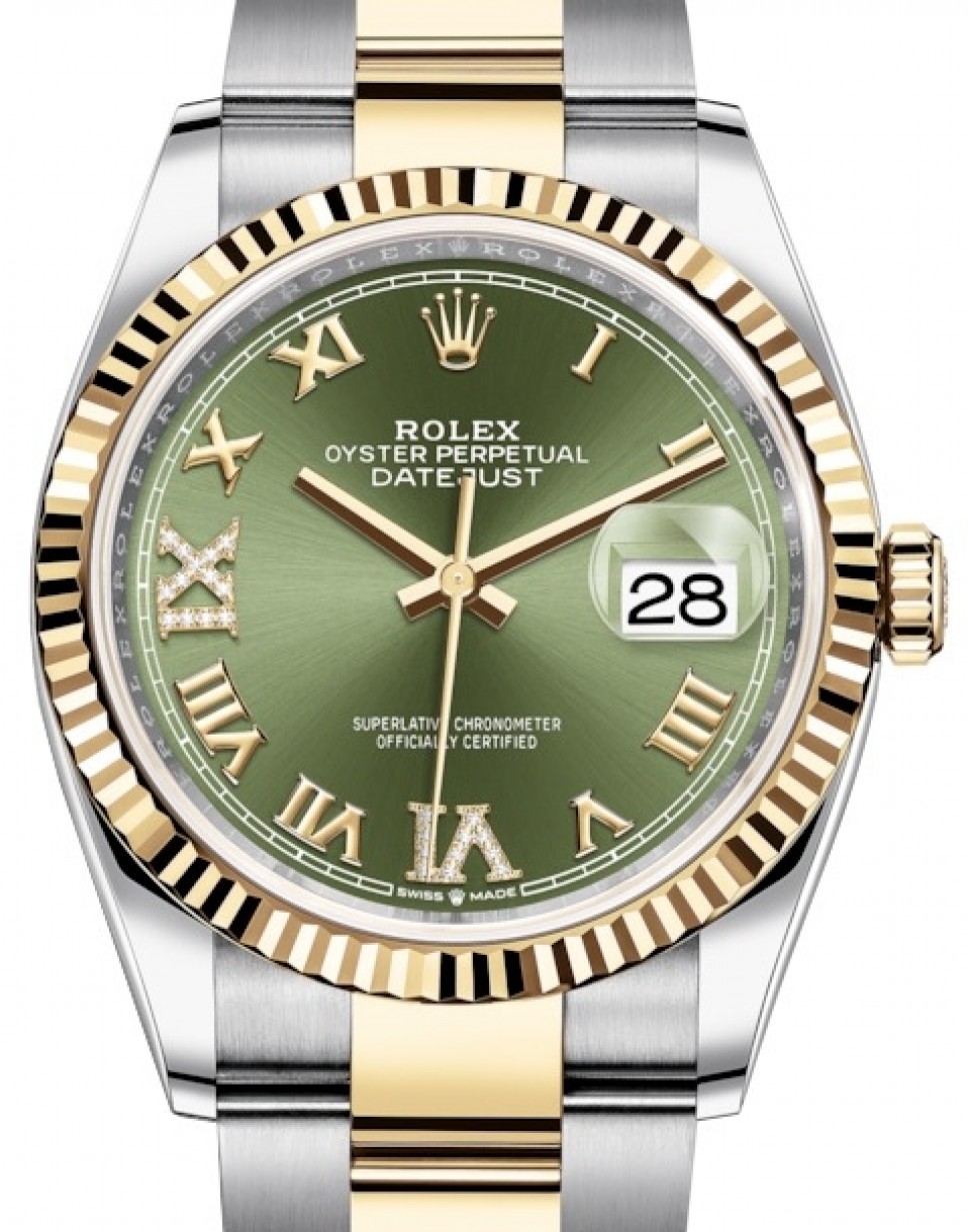 Rolex Datejust 36 Yellow Gold/Steel Olive Green Roman Diamond VI Dial &  Fluted Bezel Oyster Bracelet 126233 - BRAND NEW