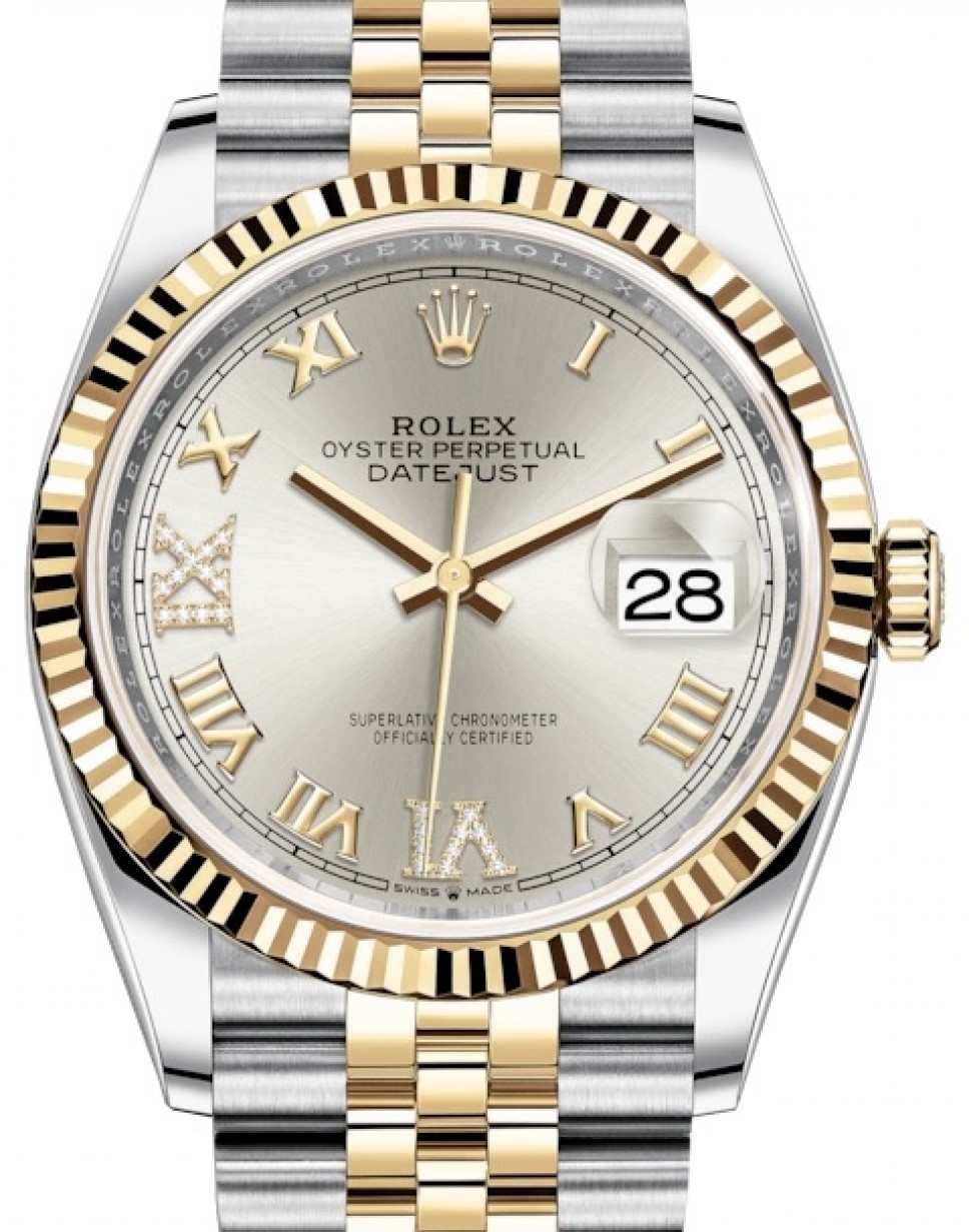 Rolex Datejust 36 Yellow Gold/Steel Silver Roman Diamond VI Dial & Fluted  Bezel Jubilee Bracelet 126233 - BRAND NEW
