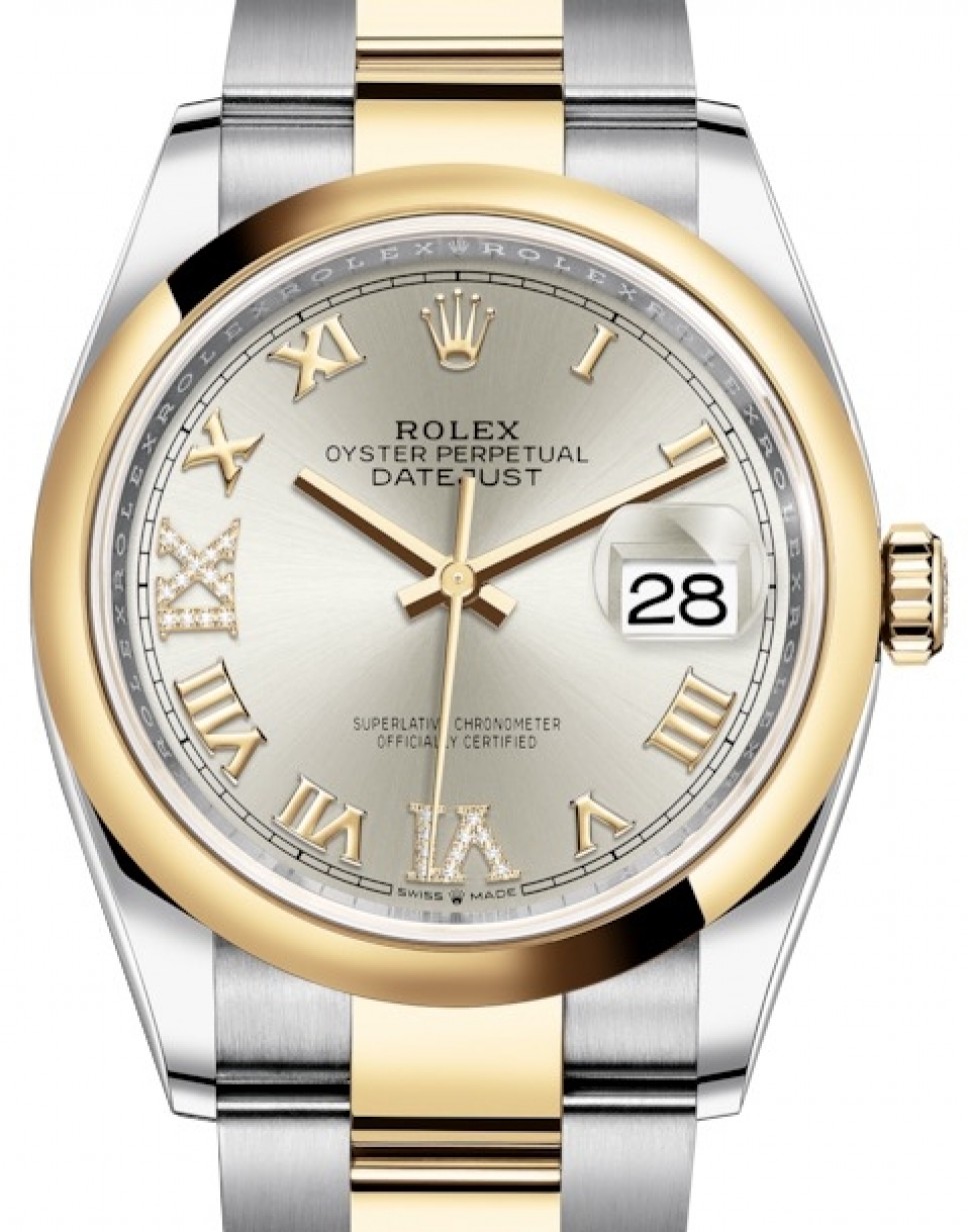 Rolex Datejust 36 Yellow Gold/Steel Silver Roman Diamond VI Dial & Smooth  Domed Bezel Oyster Bracelet 126203 - BRAND NEW