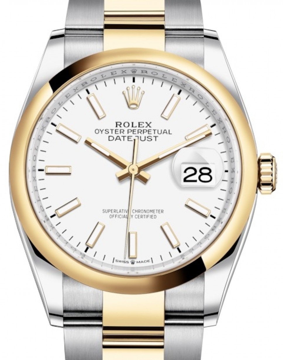 Rolex Datejust 36 Yellow Gold/Steel White Index Dial & Smooth Domed Bezel  Oyster Bracelet 126203 - BRAND NEW